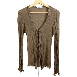 Acne Studios Sheer Ruffle Tie Front Blouse Taupe Mud Green XS Fairy Whimsygoth